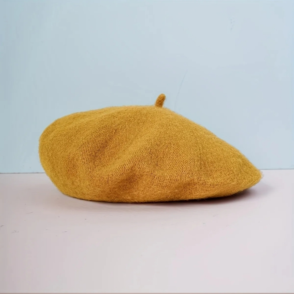 Tumeric Knit Beret Hat - Brown Mustard